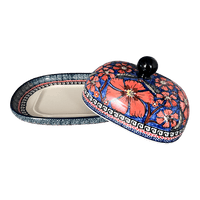A picture of a Polish Pottery Large Zaklady Butter Dish (Exotic Reds) | Y1394-ART150 as shown at PolishPotteryOutlet.com/products/large-zaklady-butterdish-exotic-reds-y1394-art150
