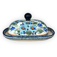 A picture of a Polish Pottery Large Zaklady Butter Dish (Julie's Garden) | Y1394-ART165 as shown at PolishPotteryOutlet.com/products/large-zaklady-butter-dish-julies-garden-y1394-art165