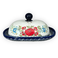 A picture of a Polish Pottery Large Zaklady Butter Dish (Floral Crescent) | Y1394-ART237 as shown at PolishPotteryOutlet.com/products/large-zaklady-butter-dish-floral-crescent-y1394-art237