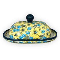 A picture of a Polish Pottery Butter Dish, Large, 6" x 8" in "Sunny Meadow" by Zaklady | Y1394-ART332 as shown at PolishPotteryOutlet.com/products/large-zaklady-butter-dish-sunny-meadow-y1394-art332