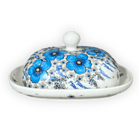 A picture of a Polish Pottery Large Zaklady Butter Dish (Something Blue) | Y1394-ART374 as shown at PolishPotteryOutlet.com/products/large-zaklady-butter-dish-something-blue-y1394-art374