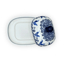 A picture of a Polish Pottery Large Zaklady Butter Dish (Rooster Blues) | Y1394-D1149 as shown at PolishPotteryOutlet.com/products/large-zaklady-butter-dish-rooster-blues-y1394-d1149