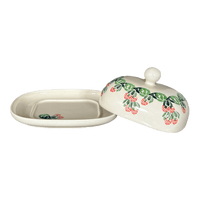 A picture of a Polish Pottery Large Zaklady Butter Dish (Raspberry Delight) | Y1394-D1170 as shown at PolishPotteryOutlet.com/products/large-zaklady-butterdish-raspberry-delight-y1394-d1170