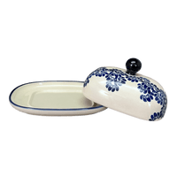 A picture of a Polish Pottery Large Zaklady Butter Dish (Blue Floral Vines) | Y1394-D1210A as shown at PolishPotteryOutlet.com/products/large-zaklady-butterdish-blue-floral-vines-y1394-d1210a