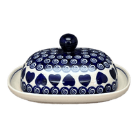 A picture of a Polish Pottery Large Zaklady Butter Dish (Swirling Hearts) | Y1394-D467 as shown at PolishPotteryOutlet.com/products/large-zaklady-butter-dish-swirling-hearts-y1394-d467