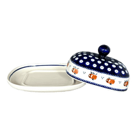 A picture of a Polish Pottery Butter Dish, Large, 6" x 8" in "Persimmon Dot" by Zaklady | Y1394-D479 as shown at PolishPotteryOutlet.com/products/6-x-8-large-butterdish-persimmon-dot-y1394-d479