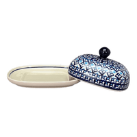 A picture of a Polish Pottery Large Zaklady Butter Dish (Mosaic Blues) | Y1394-D910 as shown at PolishPotteryOutlet.com/products/large-zaklady-butterdish-mosaic-blues-y1394-d910