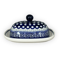 A picture of a Polish Pottery Large Zaklady Butter Dish (Grecian Dot) | Y1394-D923 as shown at PolishPotteryOutlet.com/products/large-zaklady-butter-dish-grecian-dot-y1394-d923