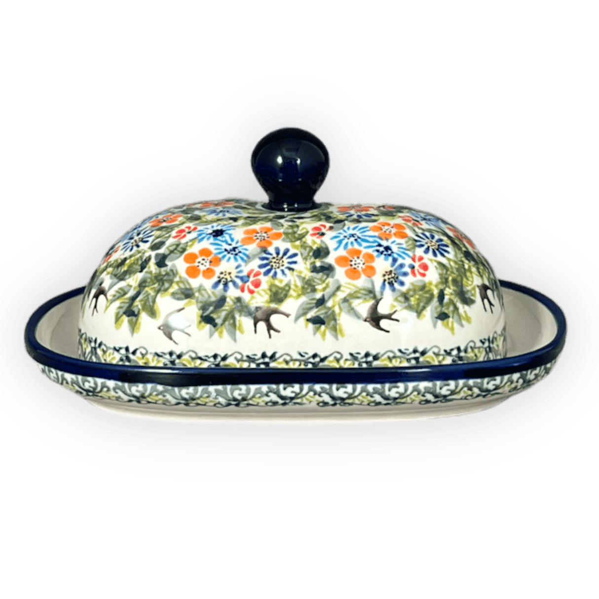 Butter Dish, Large, 6" x 8" in "Floral Swallows" by Zaklady | Y1394-DU182