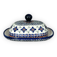 A picture of a Polish Pottery Butter Dish, Large, 6" x 8" in "Emerald Mosaic" by Zaklady | Y1394-DU60 as shown at PolishPotteryOutlet.com/products/6-x-8-large-butterdish-emerald-mosaic-y1394-du60