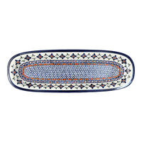 A picture of a Polish Pottery Zaklady 17.5" x 6" Oval Platter (Blue Mosaic Flower) | Y1430A-A221A as shown at PolishPotteryOutlet.com/products/medium-oval-tray-blue-mosaic-flower-y1430a-a221a