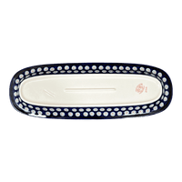 A picture of a Polish Pottery 17.5" x 6" Oval Platter (Evergreen Moose) | Y1430A-A992A as shown at PolishPotteryOutlet.com/products/medium-oval-tray-reindeer-peacock-y1430a-a992a