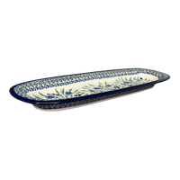 A picture of a Polish Pottery Platter, Oval, 17.5" x 6" in "Blue Tulips" by Zaklady | Y1430A-ART160 as shown at PolishPotteryOutlet.com/products/medium-oval-tray-blue-tulips-y1430a-art160