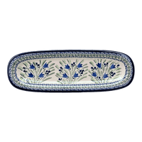 A picture of a Polish Pottery Platter, Oval, 17.5" x 6" in "Blue Tulips" by Zaklady | Y1430A-ART160 as shown at PolishPotteryOutlet.com/products/medium-oval-tray-blue-tulips-y1430a-art160