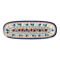 A picture of a Polish Pottery Platter, Oval, 17.5" x 6" in "Circling Bluebirds" by Zaklady | Y1430A-ART214 as shown at PolishPotteryOutlet.com/products/medium-oval-tray-circling-bluebirds-y1430a-art214