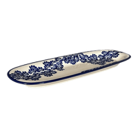 A picture of a Polish Pottery Zaklady 17.5" x 6" Oval Platter (Blue Floral Vines) | Y1430A-D1210A as shown at PolishPotteryOutlet.com/products/medium-oval-tray-blue-floral-vines-y1430a-d1210a