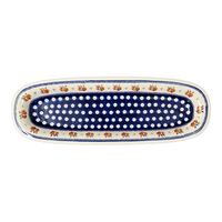 A picture of a Polish Pottery Zaklady 17.5" x 6" Oval Platter (Persimmon Dot) | Y1430A-D479 as shown at PolishPotteryOutlet.com/products/medium-oval-tray-peacock-peaches-cream-y1430a-d479