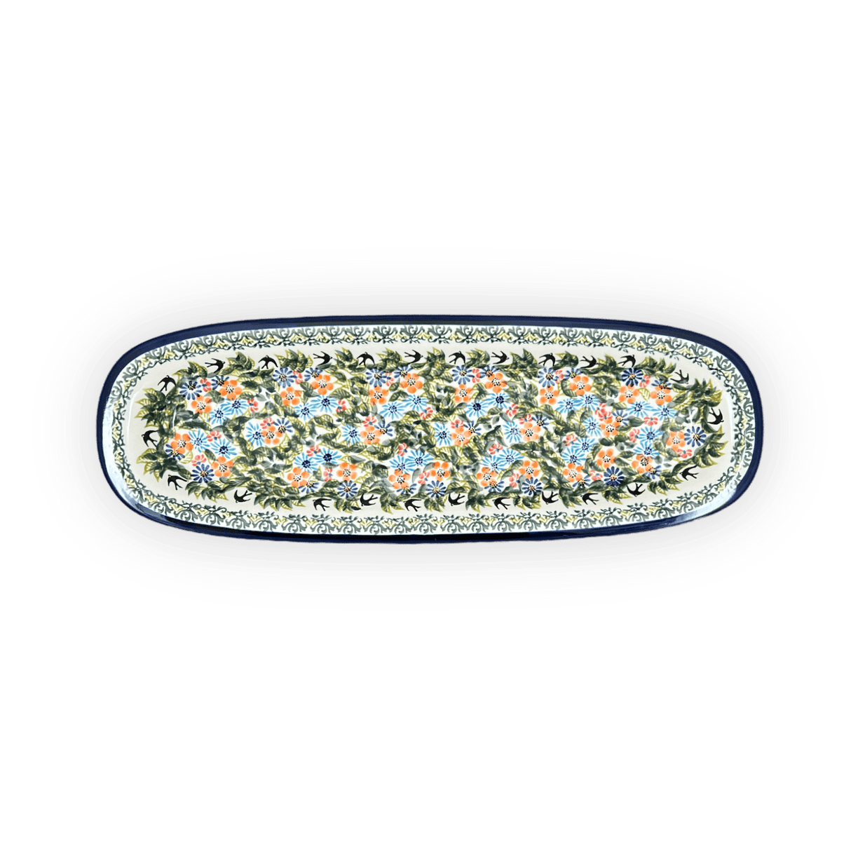 Platter, Oval, 17.5" x 6" in "Floral Swallows" by Zaklady | Y1430A-DU182