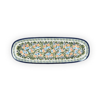 A picture of a Polish Pottery Platter, Oval, 17.5" x 6" in "Floral Swallows" by Zaklady | Y1430A-DU182 as shown at PolishPotteryOutlet.com/products/17-5-x-6-oval-platter-du182-y1430a-du182