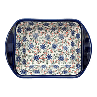 A picture of a Polish Pottery 8" x 12" Small Lasagna Baker With Handles (Swirling Flowers) | Y1444A-A1197A as shown at PolishPotteryOutlet.com/products/zaklady-lasagna-swirling-flowers-y1444a-a1197a