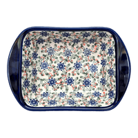 A picture of a Polish Pottery Zaklady 8" x 12" Small Lasagna Baker With Handles (Swirling Flowers) | Y1444A-A1197A as shown at PolishPotteryOutlet.com/products/zaklady-lasagna-swirling-flowers-y1444a-a1197a