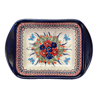 A picture of a Polish Pottery Zaklady 8" x 12" Small Lasagna Baker With Handles (Butterfly Bouquet) | Y1444A-ART149 as shown at PolishPotteryOutlet.com/products/zaklady-lasagna-butterfly-bouquet-y1444a-art149