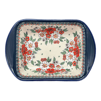 A picture of a Polish Pottery Zaklady 8" x 12" Small Lasagna Baker With Handles (Cosmic Cosmos) | Y1444A-ART326 as shown at PolishPotteryOutlet.com/products/8-x-12-small-lasagna-baker-with-handles-cosmic-cosmos-y1444a-art326
