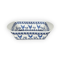 A picture of a Polish Pottery Zaklady 8" x 12" Small Lasagna Baker With Handles (Rooster Blues) | Y1444A-D1149 as shown at PolishPotteryOutlet.com/products/8-x-12-small-lasagna-baker-with-handles-rooster-blues-y1444a-d1149
