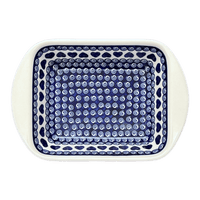 A picture of a Polish Pottery Zaklady 8" x 12" Small Lasagna Baker With Handles (Swirling Hearts) | Y1444A-D467 as shown at PolishPotteryOutlet.com/products/8-x-12-small-lasagna-baker-with-handles-swirling-hearts-y1444a-d467