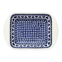 A picture of a Polish Pottery Baker, Lasagna, Handles, 8" x 12" Small in "Swirling Hearts" by Zaklady | Y1444A-D467 as shown at PolishPotteryOutlet.com/products/8-x-12-small-lasagna-baker-with-handles-swirling-hearts-y1444a-d467