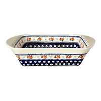 A picture of a Polish Pottery Zaklady 8" x 12" Small Lasagna Baker With Handles (Persimmon Dot) | Y1444A-D479 as shown at PolishPotteryOutlet.com/products/8-x-12-small-lasagna-baker-with-handles-persimmon-dot-y1444a-d479