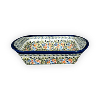 A picture of a Polish Pottery Zaklady 8" x 12" Small Lasagna Baker With Handles (Floral Swallows) | Y1444A-DU182 as shown at PolishPotteryOutlet.com/products/8-x-12-small-lasagna-baker-with-handles-floral-swallows-y1444a-du182