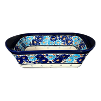A picture of a Polish Pottery 8" x 12" Small Lasagna Baker With Handles (Garden Party Blues) | Y1444A-DU50 as shown at PolishPotteryOutlet.com/products/zaklady-lasagna-garden-party-blues-y1444a-du50