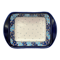 A picture of a Polish Pottery 8" x 12" Small Lasagna Baker With Handles (Garden Party Blues) | Y1444A-DU50 as shown at PolishPotteryOutlet.com/products/zaklady-lasagna-garden-party-blues-y1444a-du50