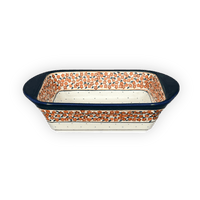 A picture of a Polish Pottery Zaklady 8" x 12" Small Lasagna Baker With Handles (Orange Wreath) | Y1444A-DU52 as shown at PolishPotteryOutlet.com/products/8-x-12-small-lasagna-baker-with-handles-du52-y1444a-du52