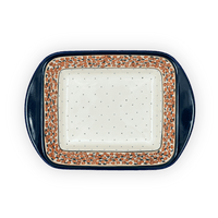 A picture of a Polish Pottery Zaklady 8" x 12" Small Lasagna Baker With Handles (Orange Wreath) | Y1444A-DU52 as shown at PolishPotteryOutlet.com/products/8-x-12-small-lasagna-baker-with-handles-du52-y1444a-du52
