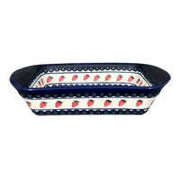 A picture of a Polish Pottery Zaklady 9.25" x 14" Lasagna Pan W/Handles (Strawberry Dot) | Y1445A-A310A as shown at PolishPotteryOutlet.com/products/9-25-x-14-lasagna-pan-w-handles-strawberry-dot-y1445a-a310a