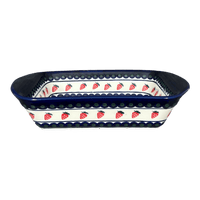 A picture of a Polish Pottery Pan, Lasagna, Handles, 9.25" x 14" in "Strawberry Dot" by Zaklady | Y1445A-A310A as shown at PolishPotteryOutlet.com/products/9-25-x-14-lasagna-pan-w-handles-strawberry-dot-y1445a-a310a