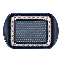 A picture of a Polish Pottery Zaklady 9.25" x 14" Lasagna Pan W/Handles (Strawberry Dot) | Y1445A-A310A as shown at PolishPotteryOutlet.com/products/9-25-x-14-lasagna-pan-w-handles-strawberry-dot-y1445a-a310a