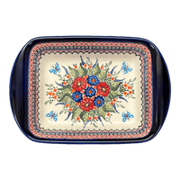 A picture of a Polish Pottery Zaklady 9.25" x 14" Lasagna Pan W/Handles (Butterfly Bouquet) | Y1445A-ART149 as shown at PolishPotteryOutlet.com/products/zaklady-large-lasagna-butterfly-bouquet-y1445a-art149