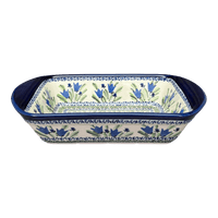 A picture of a Polish Pottery Zaklady 9.25" x 14" Lasagna Pan W/Handles (Blue Tulips) | Y1445A-ART160 as shown at PolishPotteryOutlet.com/products/zaklady-large-lasagna-blue-tulips-y1445a-art160