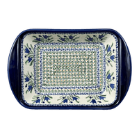 A picture of a Polish Pottery Zaklady 9.25" x 14" Lasagna Pan W/Handles (Blue Tulips) | Y1445A-ART160 as shown at PolishPotteryOutlet.com/products/zaklady-large-lasagna-blue-tulips-y1445a-art160
