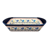 A picture of a Polish Pottery Zaklady 9.25" x 14" Lasagna Pan W/Handles (Circling Bluebirds) | Y1445A-ART214 as shown at PolishPotteryOutlet.com/products/zaklady-large-lasagna-circling-bluebirds-y1445a-art214