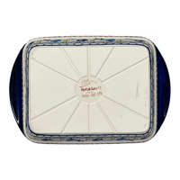 A picture of a Polish Pottery Zaklady 9.25" x 14" Lasagna Pan W/Handles (Circling Bluebirds) | Y1445A-ART214 as shown at PolishPotteryOutlet.com/products/zaklady-large-lasagna-circling-bluebirds-y1445a-art214