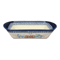A picture of a Polish Pottery Zaklady 9.25" x 14" Lasagna Pan W/Handles (Floral Crescent) | Y1445A-ART237 as shown at PolishPotteryOutlet.com/products/zaklady-large-lasagna-fields-of-flowers-y1445a-art237