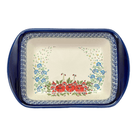 A picture of a Polish Pottery Zaklady 9.25" x 14" Lasagna Pan W/Handles (Floral Crescent) | Y1445A-ART237 as shown at PolishPotteryOutlet.com/products/zaklady-large-lasagna-fields-of-flowers-y1445a-art237