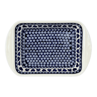 A picture of a Polish Pottery Zaklady 9.25" x 14" Lasagna Pan W/Handles (Swirling Hearts) | Y1445A-D467 as shown at PolishPotteryOutlet.com/products/9-25-x-14-lasagna-pan-w-handles-swirling-hearts-y1445a-d467