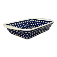 A picture of a Polish Pottery 9.25" x 14" Lasagna Pan W/Handles (Peacock Burst) | Y1445A-D487 as shown at PolishPotteryOutlet.com/products/zaklady-large-lasagna-peacock-burst-y1445a-d487