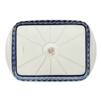 A picture of a Polish Pottery 9.25" x 14" Lasagna Pan W/Handles (Peacock Burst) | Y1445A-D487 as shown at PolishPotteryOutlet.com/products/zaklady-large-lasagna-peacock-burst-y1445a-d487