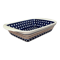A picture of a Polish Pottery 9.25" x 14" Lasagna Pan W/Handles (Stars & Stripes) | Y1445A-D81 as shown at PolishPotteryOutlet.com/products/zaklady-large-lasagna-stars-stripes-y1445a-d81
